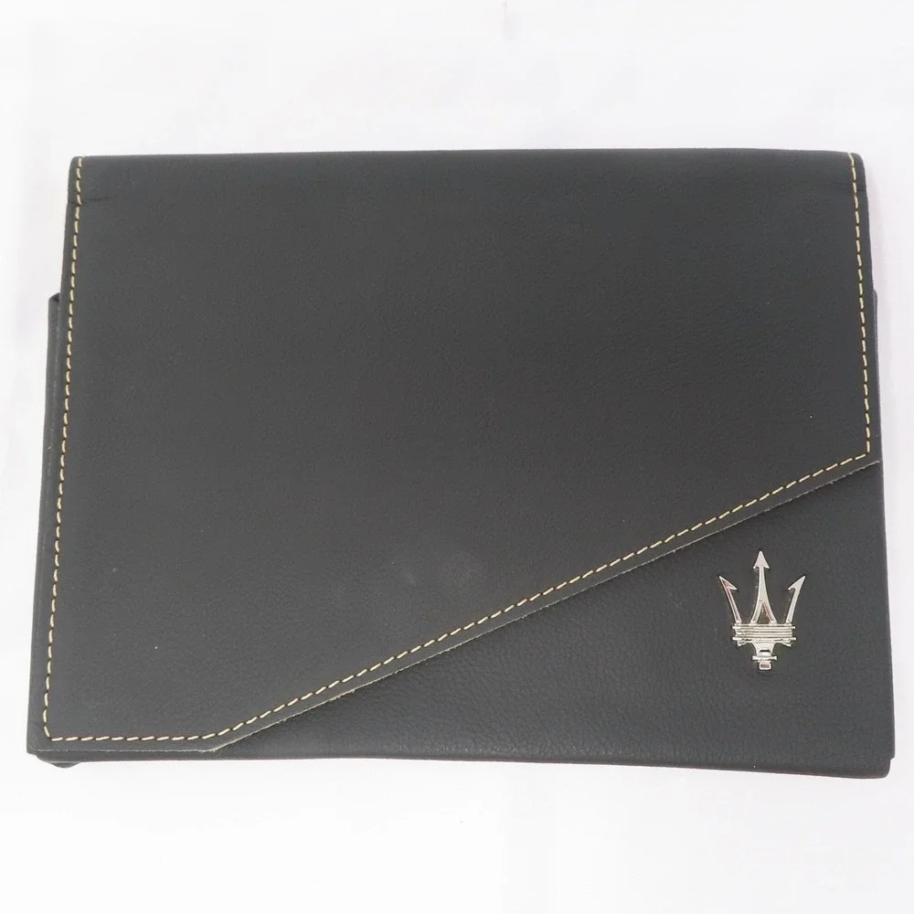 Maserati Black Leather Owners Manual Case Portfolio Document Holder Trident Logo
